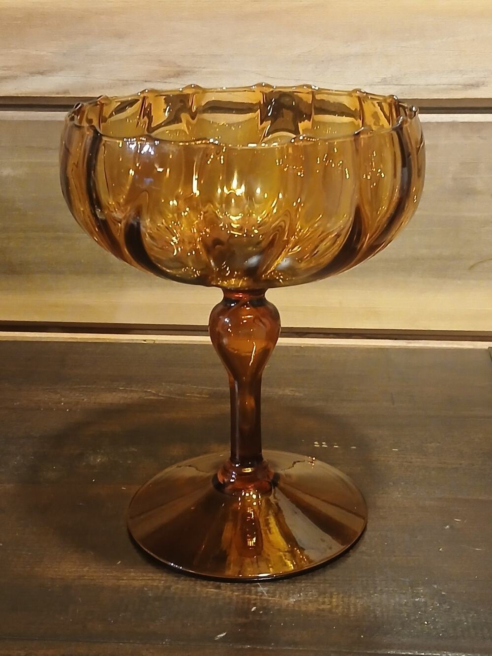 VTG Italian Empoli Amber Optic Glass Compote MCM Hand-Blown, Polished Pontil